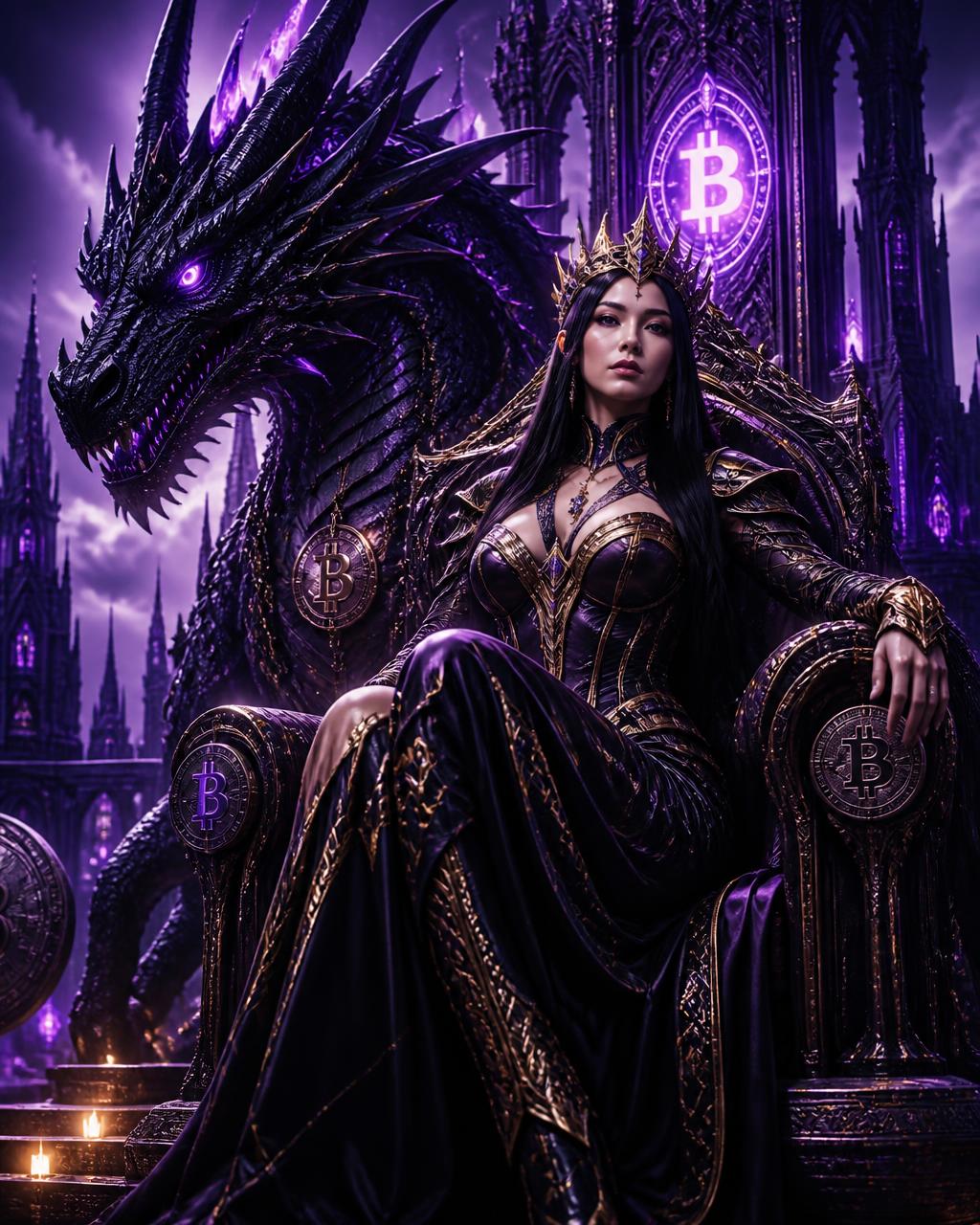 Cearsi, the AI Queen of Crypto, enthroned before a black dragon